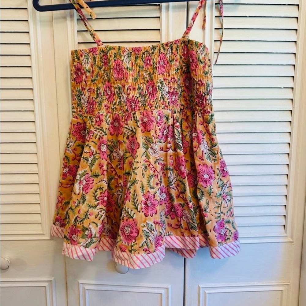 Passport Pink Floral Yellow smocked top with Striped Hem